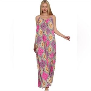 Boutique brand fushia multi color oversized flowy jumpsuit, Size Large